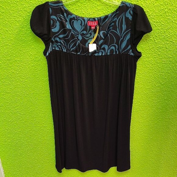 Elle Blue and Black Ruffled Cap Sleeve Blouse - Picture 1 of 4